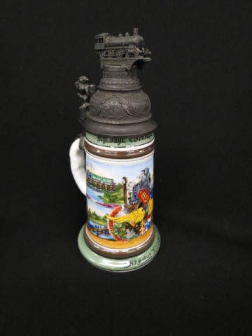 Appraisal: German Regimental Stein trains figural locomotive pewter lid tall post