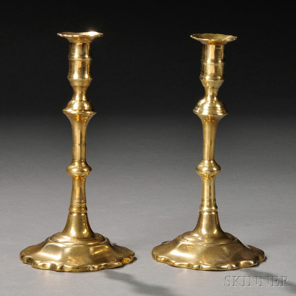 Appraisal: Pair of Queen Anne Brass Petal-base Candlesticks England th century