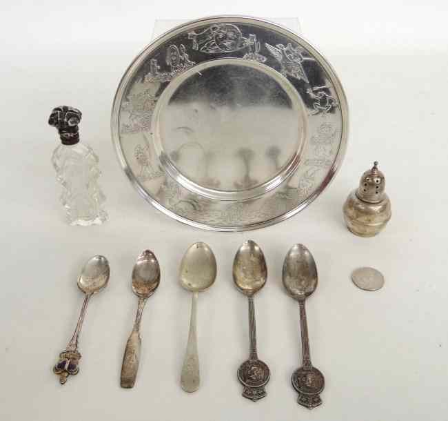 Appraisal: Sterling silver lot including Coronation spoons shaker glass bottle Nursery