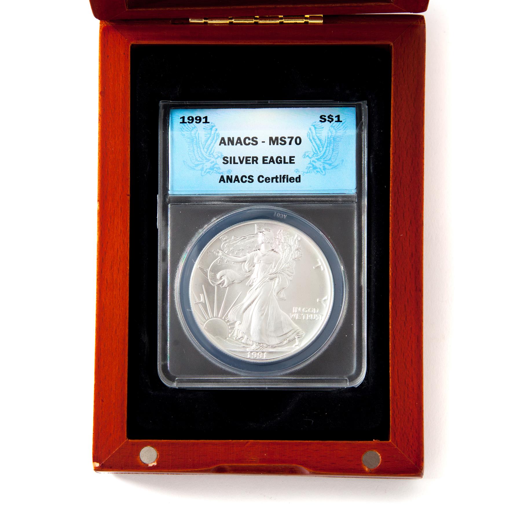 Appraisal: SILVER EAGLE MS ANACS In a wooden case