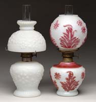 Appraisal: TWO MILK GLASS MINI LAMPS S - Embossed orange-skin texture