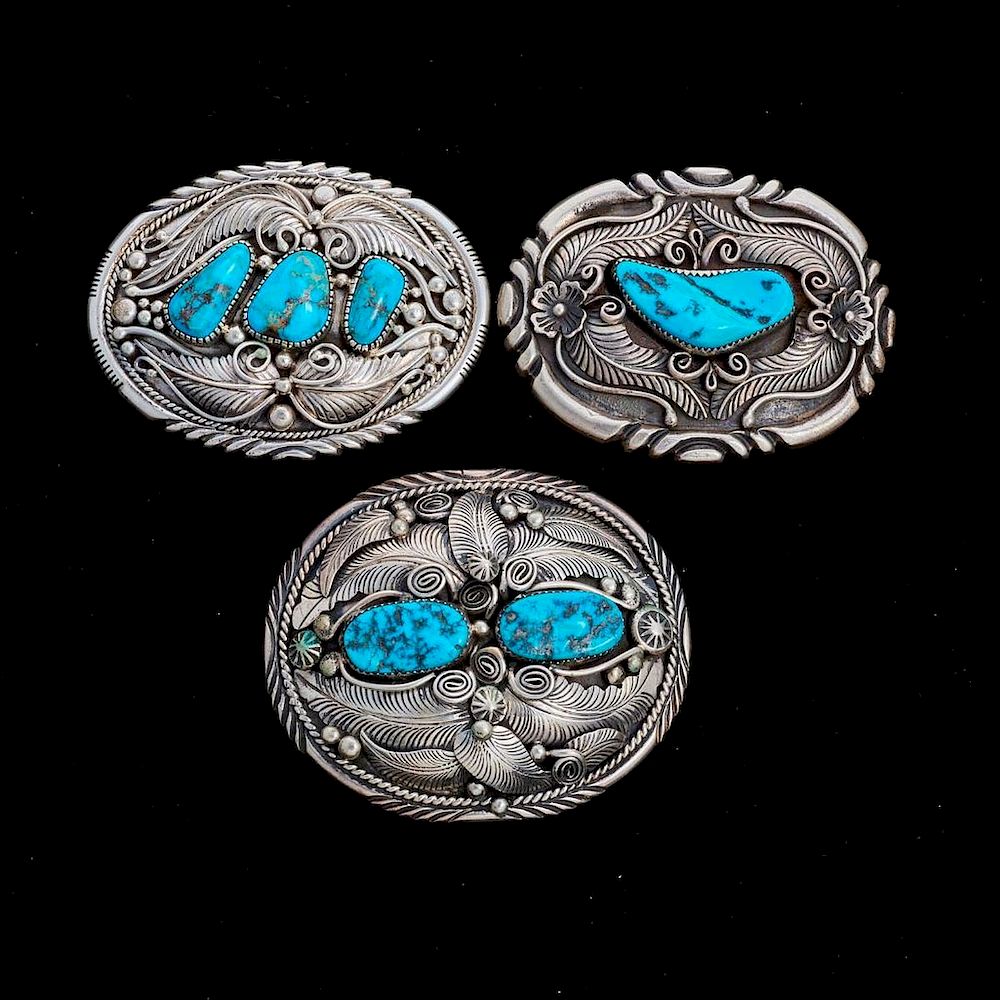 Appraisal: NAVAJO BELT BUCKLES Three Vintage old pawn turquoise and silver