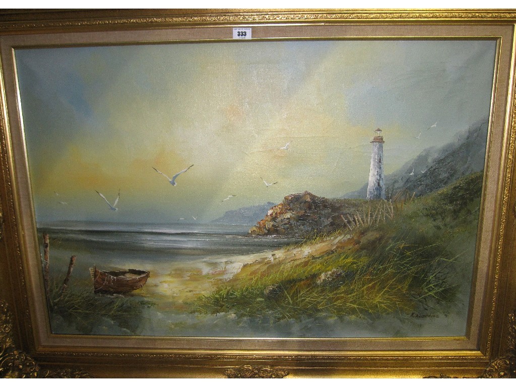 Appraisal: Oil on canvas coastal scene with a lighthouse signed K