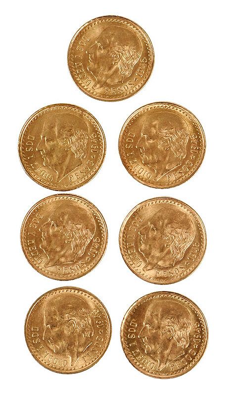 Appraisal: Seven Mexican Gold - Peso Coins diminutive Dos y Medio