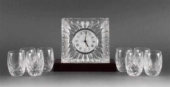 Appraisal: Eight Waterford crystal cordials and Waterford desk clock with wood