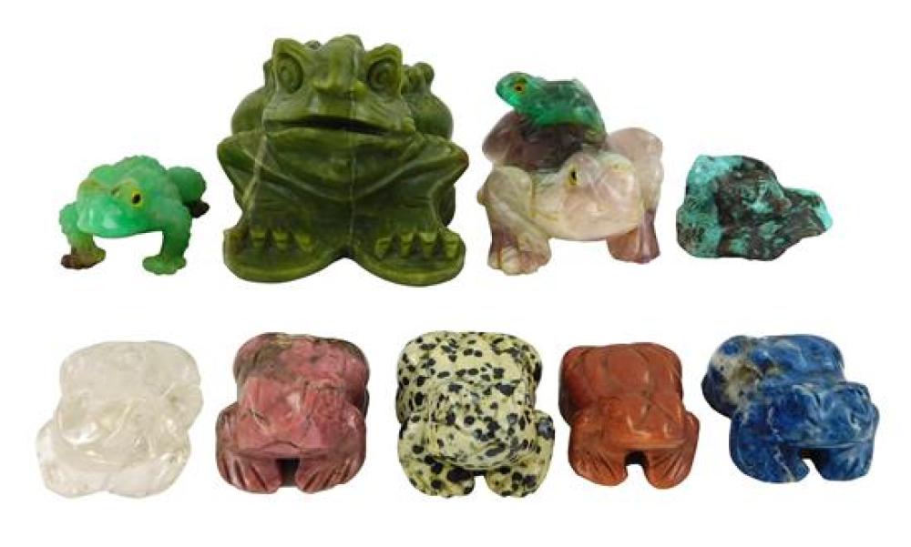 Appraisal: Carved hardstone frogs toads nine pieces th C varied stones