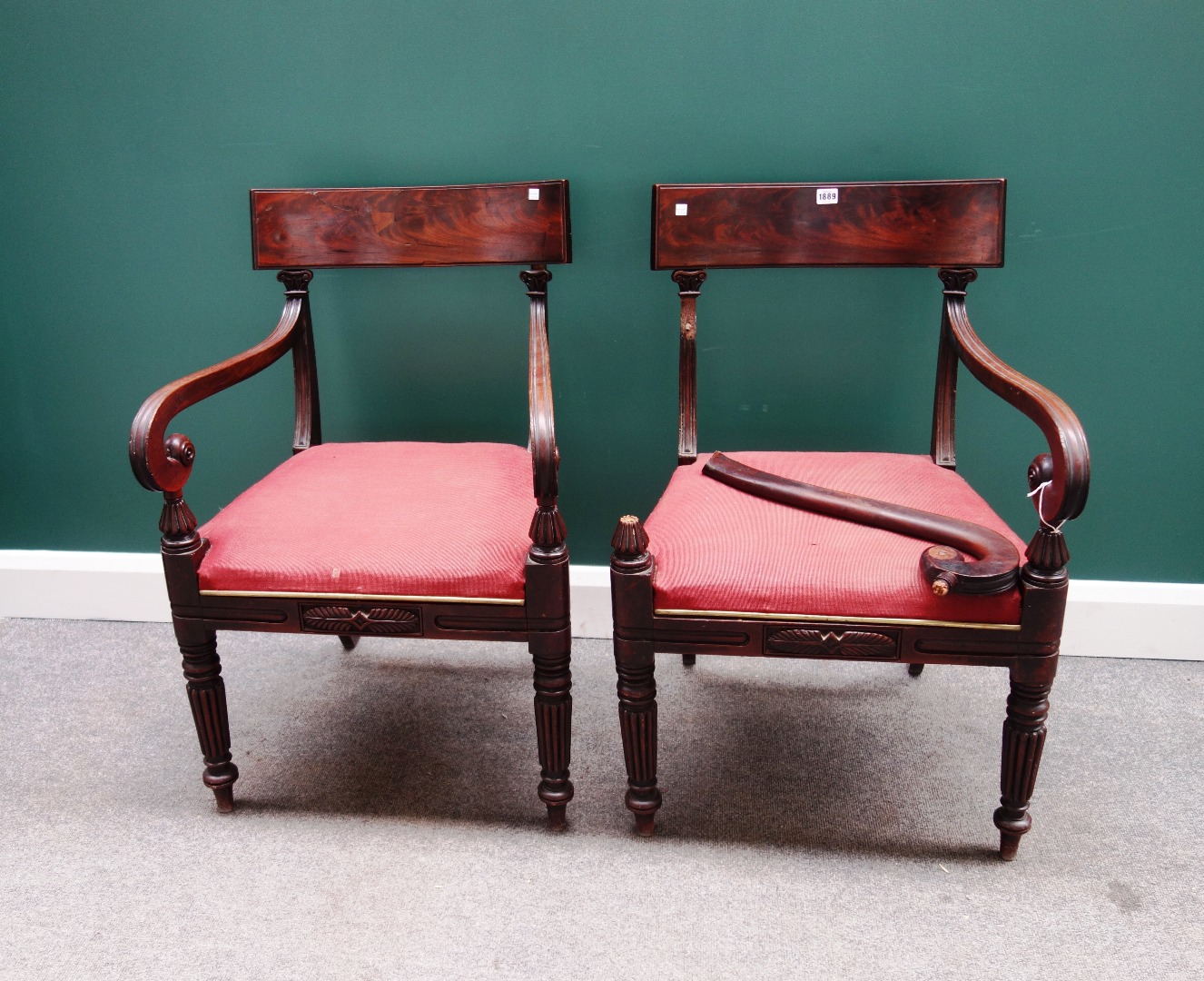 Appraisal: A pair of Regency mahogany framed carver chairs with shepherds