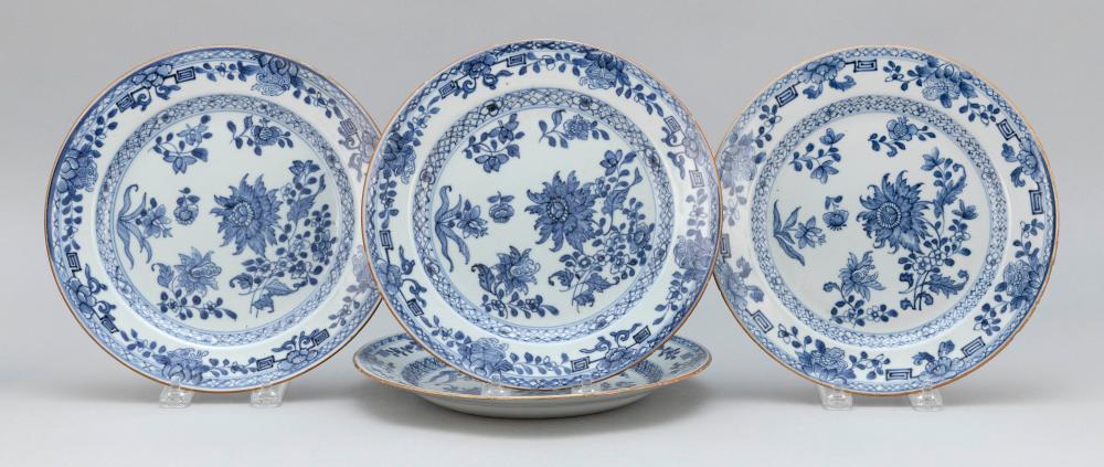 Appraisal: FOUR CHINESE EXPORT BLUE AND WHITE PORCELAIN PLATES MID- TH