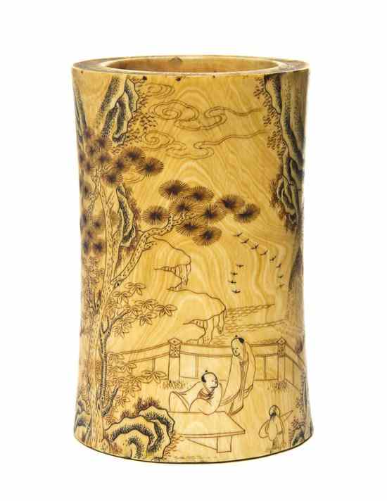 Appraisal: A Chinese Carved Ivory Brushpot of slightly waisted cylindrical form