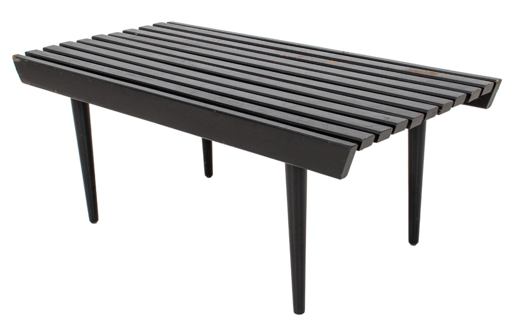 Appraisal: MID-CENTURY EBONIZED WOOD SLAT BENCH Mid-Century ebonized wood slat bench