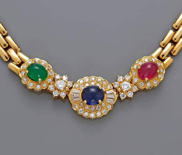 Appraisal: A sapphire ruby emerald and diamond necklace Italy estimated total