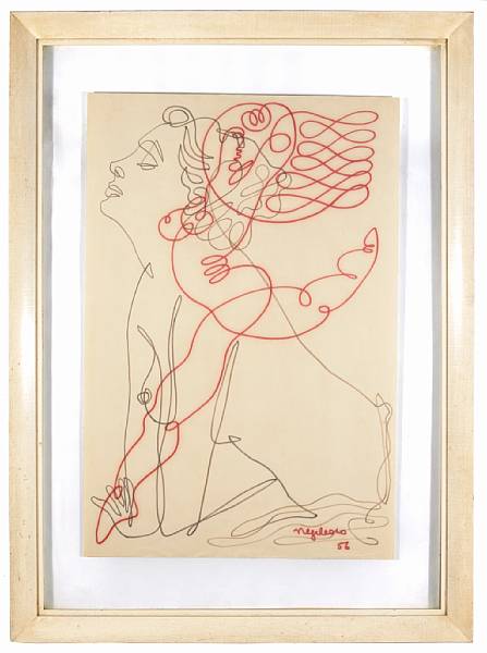 Appraisal: A Jean Negulesco continuous line drawing Rendered in red and