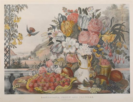 Appraisal: AFTER CURRIER IVES LANDSCAPE FRUIT AND FLOWERS Hand-colored lithograph a