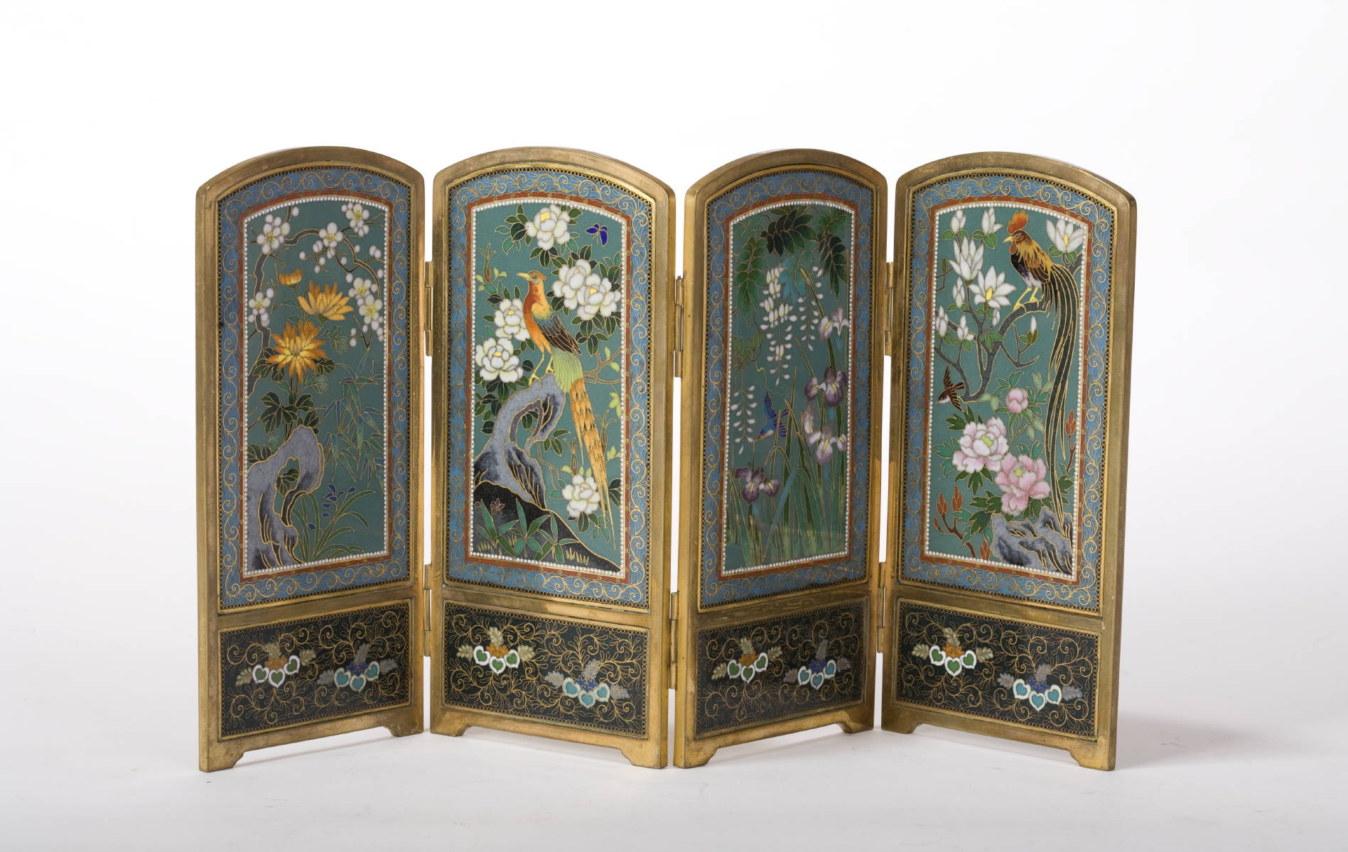 Appraisal: CHINESE CLOISONNE FOUR-PANEL FOLDING SCREEN OF SMALL SIZE Height inches