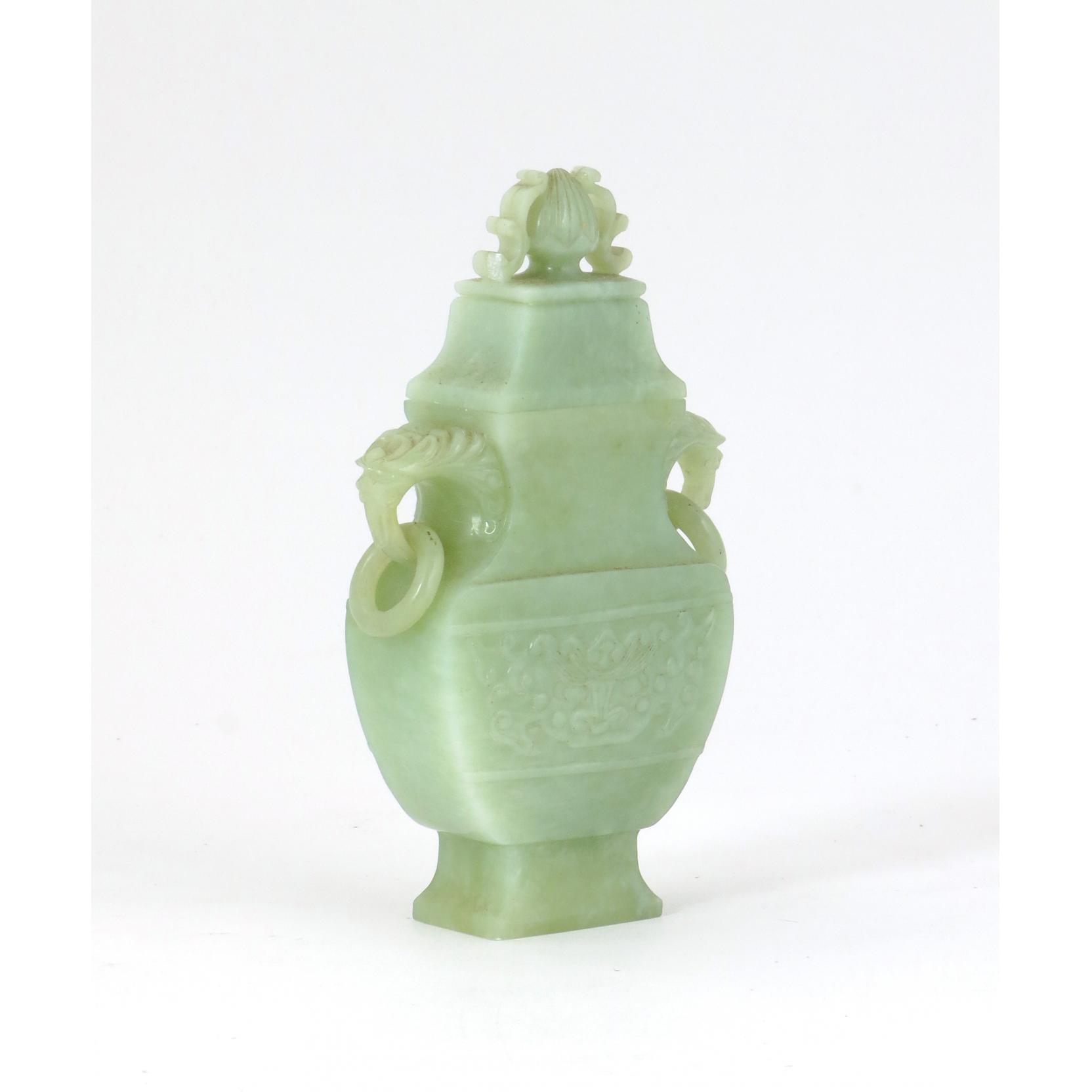 Appraisal: Chinese Carved Jade Urn with Cover celadon colored stone the