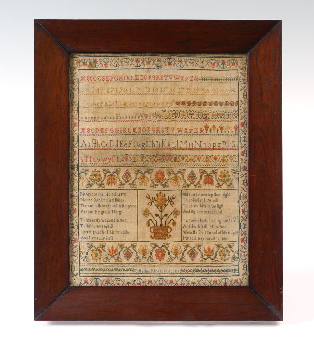 Appraisal: HAND WORKED SCHOOL GIRL SAMPLER Dated worked by Catherine Rhodes