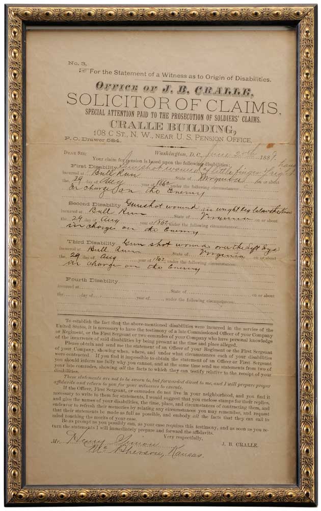 Appraisal: Civil War Claim Document American dated June partially printed document