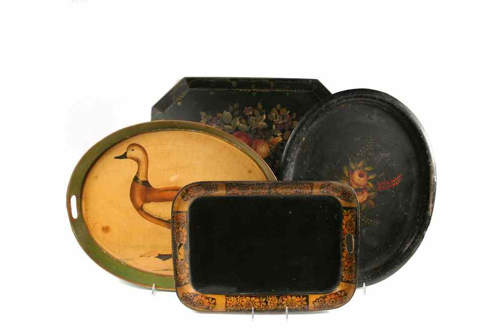 Appraisal: EARLY TOLE PAINTED TRAYS - Four th c Tole Painted