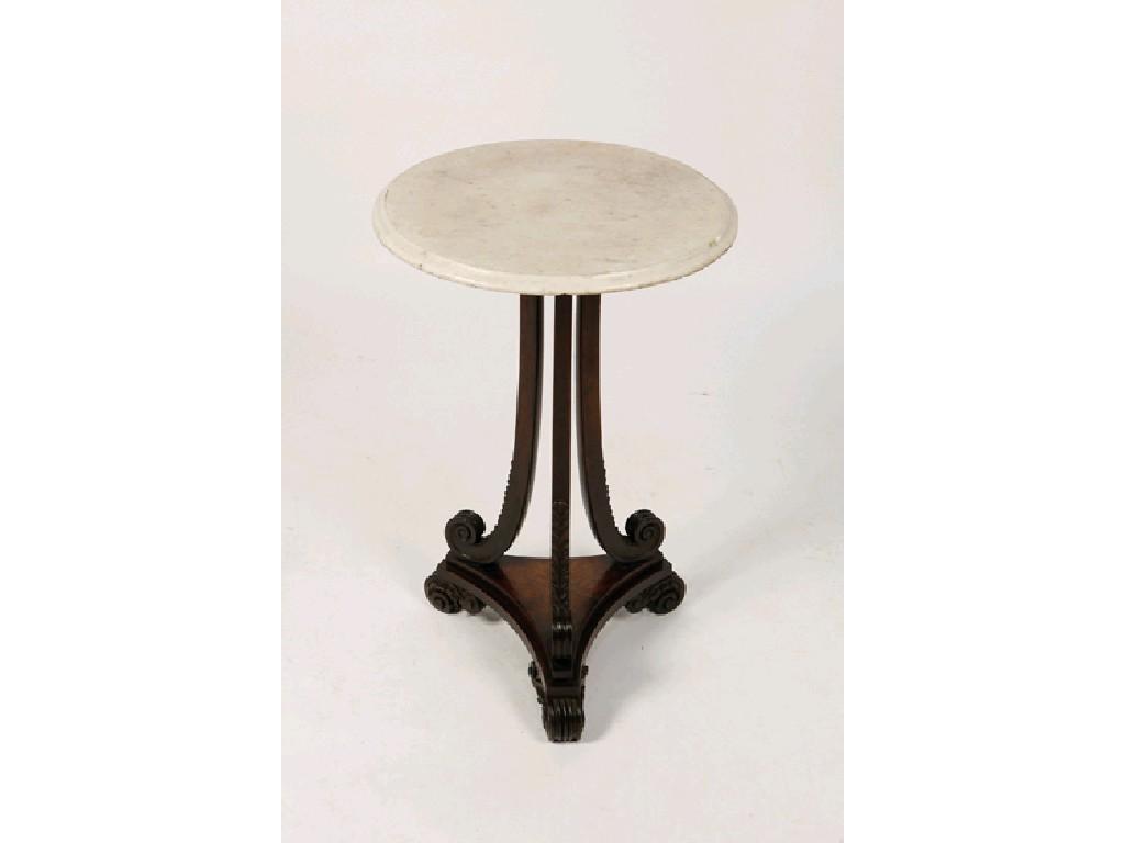 Appraisal: A REGENCY ROSEWOOD MARBLE TOP TABLE the circular top with