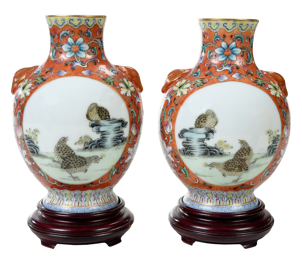 Appraisal: Pair of Famille Rose Vases With Jiaqing Mark Chinese green