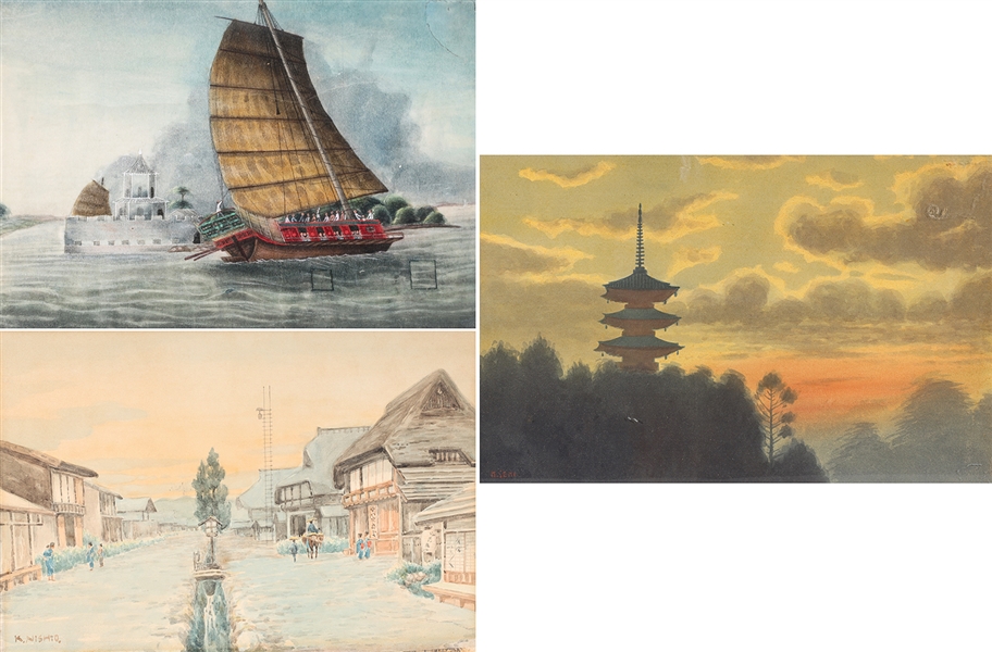 Appraisal: Group of three Japanese paintings including unframed village scene on