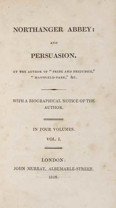 Appraisal: Austen Jane Northanger Abbey and Persuasion vol first edition vol