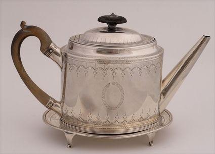 Appraisal: GEORGE III BRIGHT-CUT ENGRAVED SILVER TEAPOT AND ASSOCIATED STAND Mark's