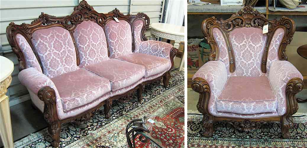 Appraisal: LOUIS XV STYLE CARVED MAHOGANY SOFA AND CHAIR SET comprising