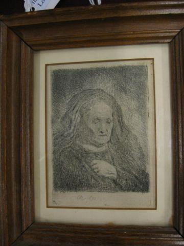 Appraisal: Rembrandt Etching Rembrandt's Mother with hands on chest an early