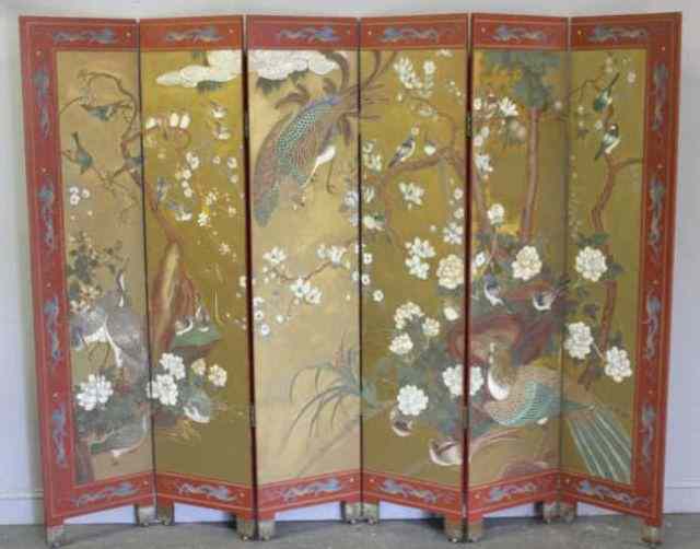 Appraisal: Large Chinese Carved Lacquer Folding Screen orRoom Divider Panel mid