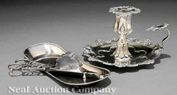 Appraisal: A Georgian Sheffield Plate Candle Scissors Undertray and Chamberstick c