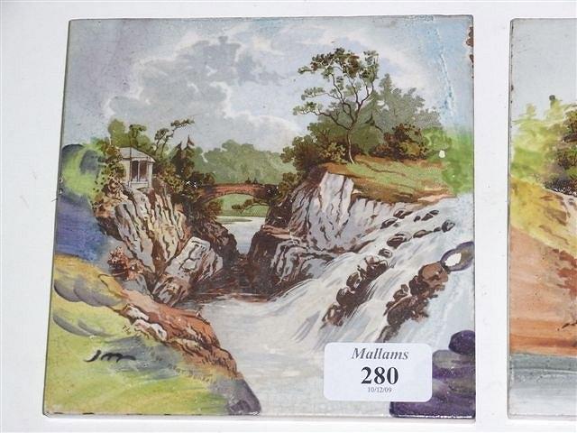 Appraisal: FIVE COLOURED VICTORIAN TILES depicting picturesque scenes around Scotland including