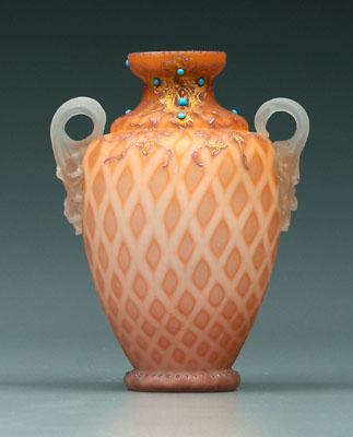 Appraisal: Decorated apricot mother-of-pearl urn applied frosted handles beaded gilt and