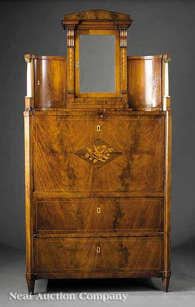 Appraisal: A Fine Biedermeier Inlaid Mahogany Bureau c the pedimented architectonic