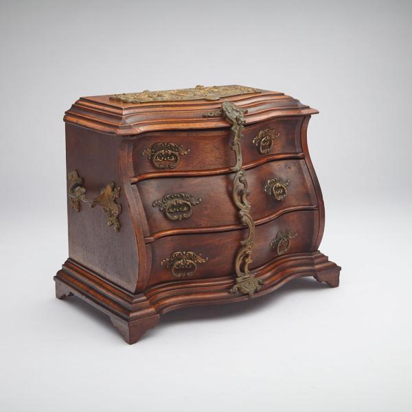 Appraisal: French Miniature Ormolu Mounted Walnut Bomb Commode Form Jewellery Casket