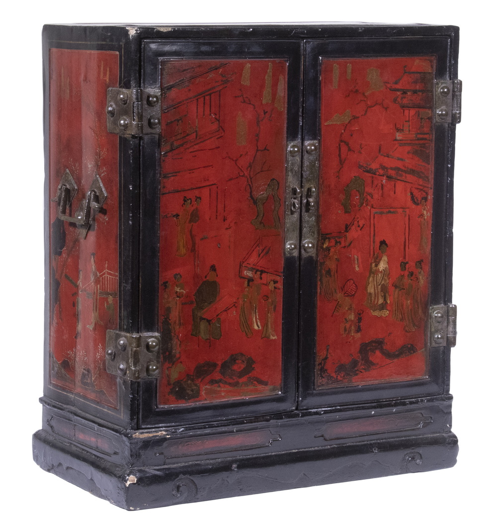 Appraisal: CHINESE RED AND BLACK TWO-DOOR CABINET Medium Scale Family Altar