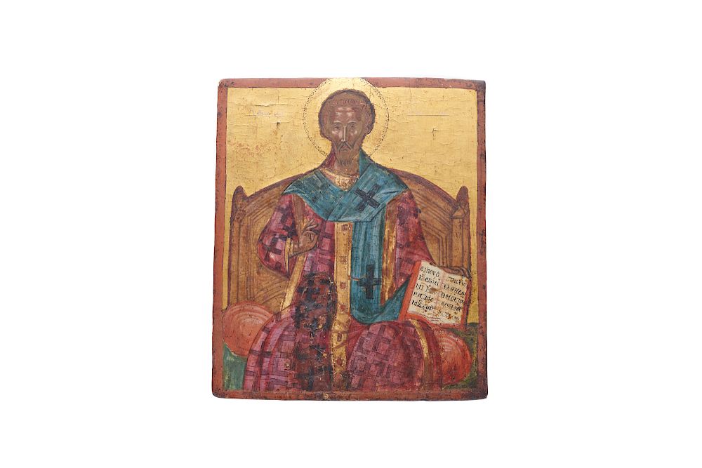 Appraisal: Russian Painted Wood Icon th century depicting Christ Seated Russian