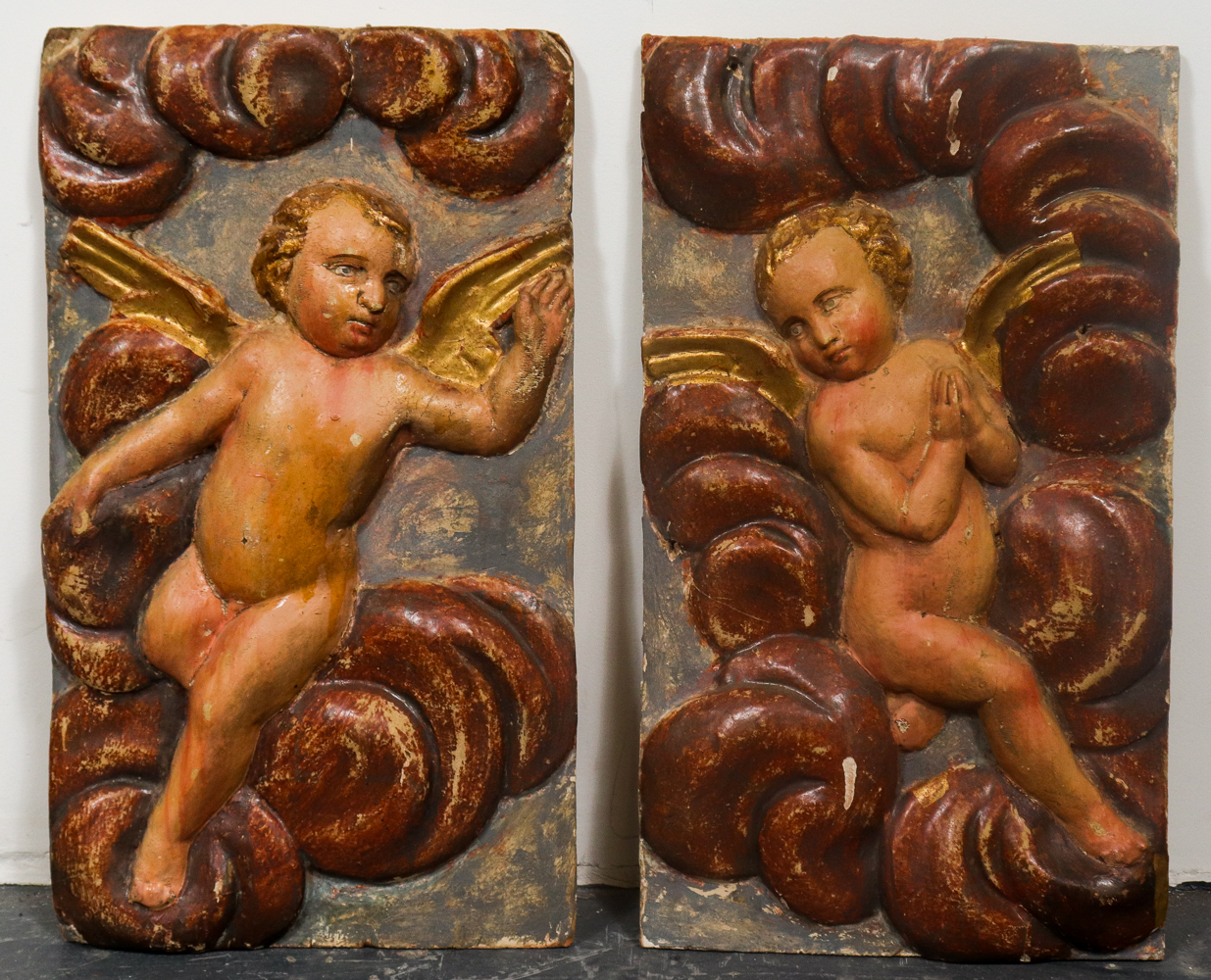 Appraisal: BAROQUE CARVED WOOD CHERUB RELIEF PANELS PR Baroque pair of