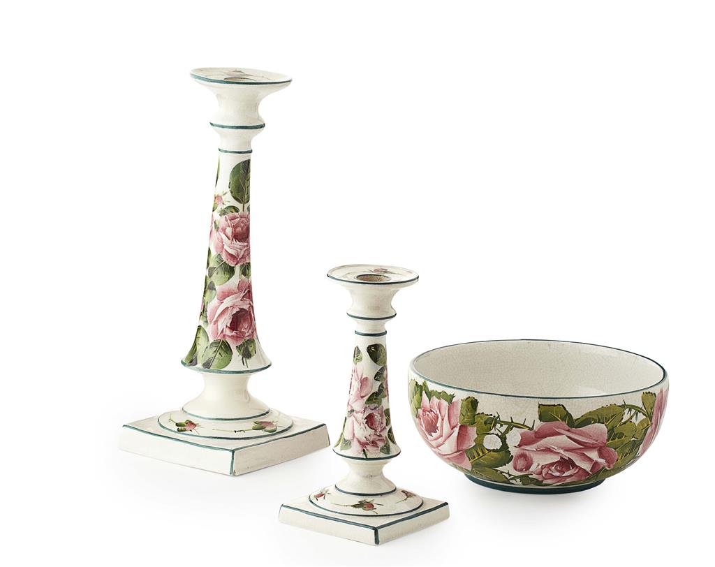 Appraisal: WEMYSS WARE TWO 'CABBAGE ROSES' CANDLESTICKS AND A BOWL CIRCA