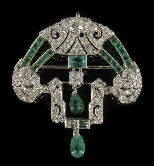 Appraisal: Eighteen-Karat White Gold Diamond and Emerald Brooch Pendant in the