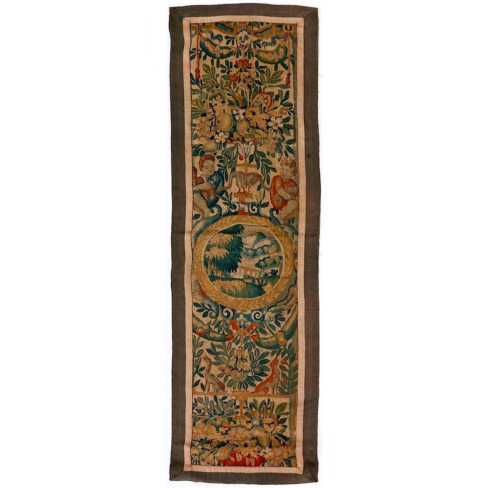 Appraisal: A tapestry fragment An th century continental scroll form and