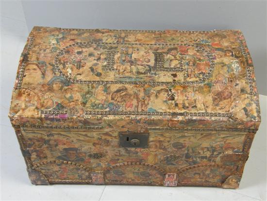 Appraisal: th century domed and studded trunk decorated in scrap work