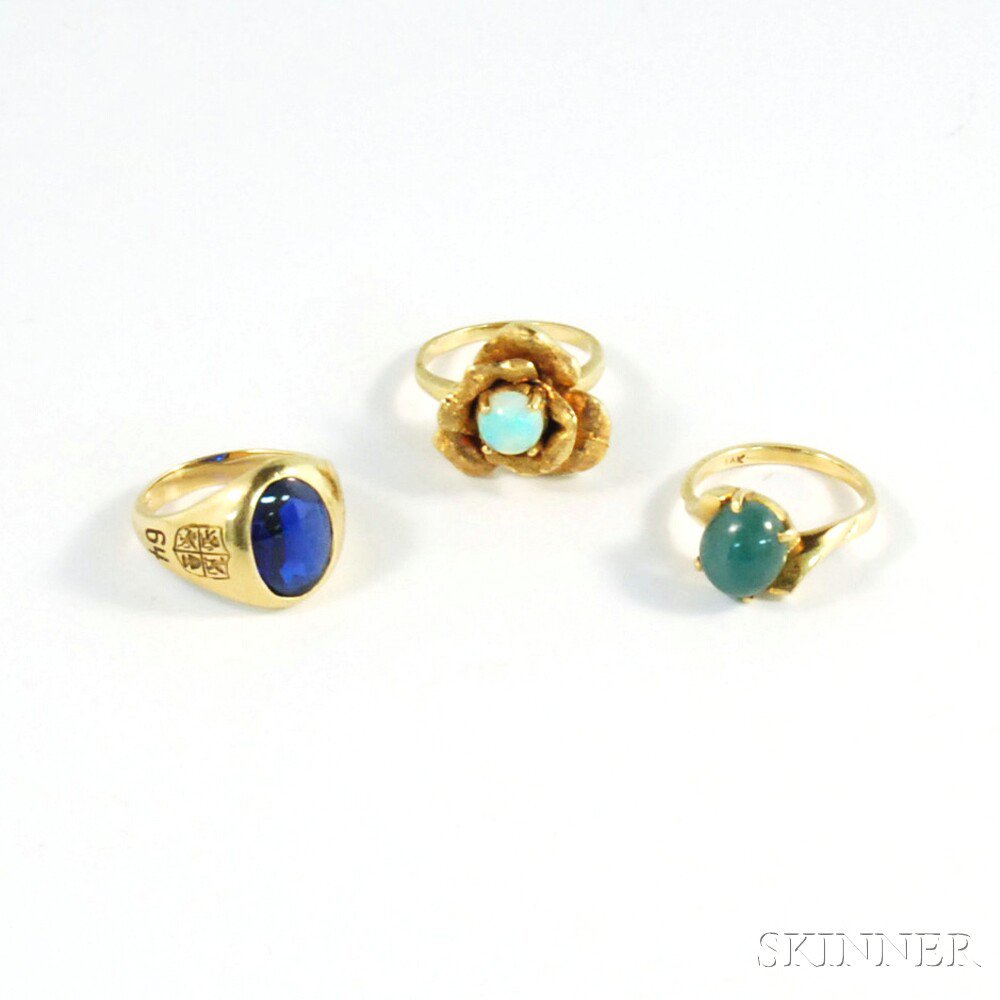 Appraisal: Three Gold Gem-set Rings a kt gold and green hardstone