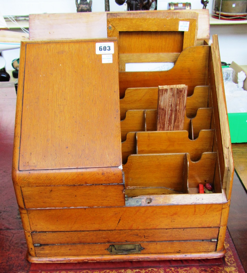 Appraisal: A Victorian oak fall front stationery box cm wide a