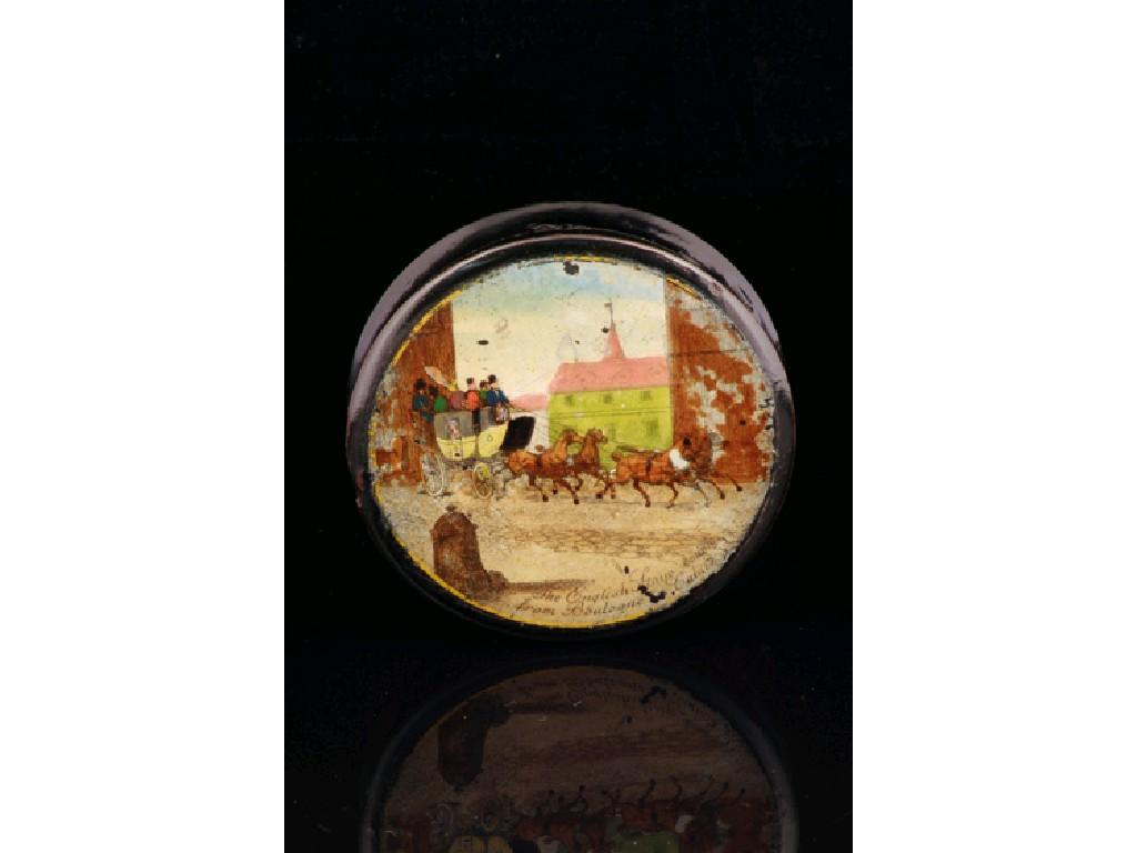 Appraisal: A VICTORIAN CIRCULAR LACQUERED SNUFF BOX the lid decorated with