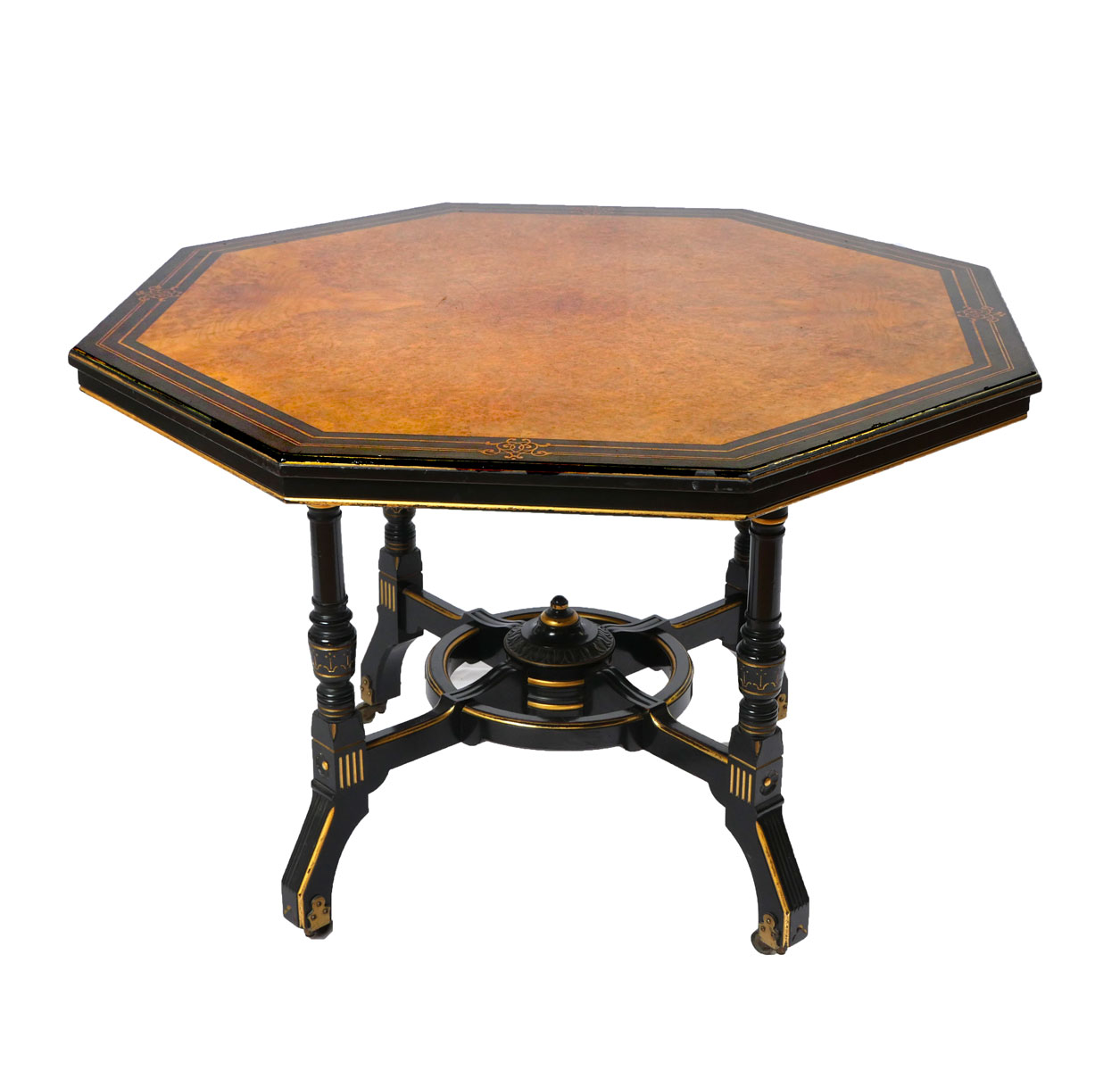 Appraisal: EBONIZED AESTHETIC MOVEMENT OCCASIONAL TABLE Book match burlwood surface having