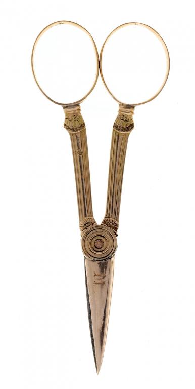 Appraisal: A PAIR OF FRENCH GOLD SCISSORS chased with shells maker