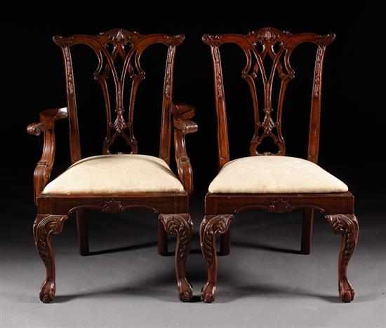 Appraisal: Set of eight Chippendale style carved mahogany upholstered dining chairs