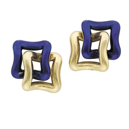 Appraisal: Pair of Gold and Blue Enamel Earclips Estimate -