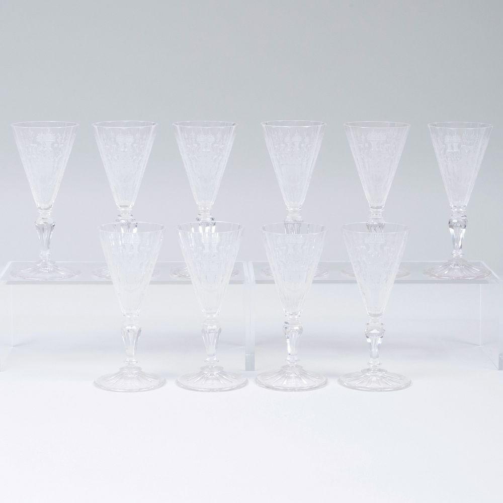 Appraisal: Set of Ten Etched Glass Flutes x in diam Condition